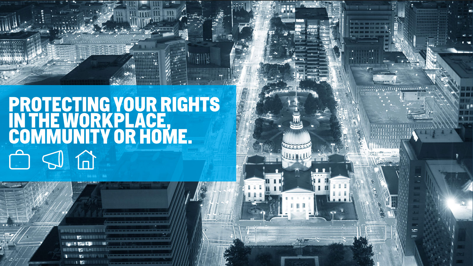 Jill Silverstein's new website features sleek St. Louis city scape imagery on the homepage. Overlay text reads, "Protecting your rights in the workplace, community or home."