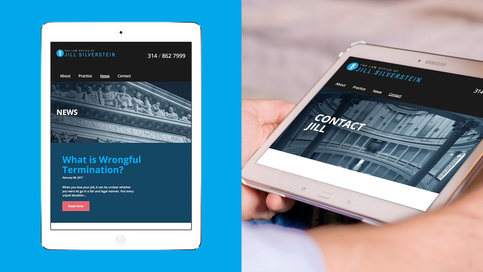 Tablet preview screens of Jill Silverstein's new legal website.