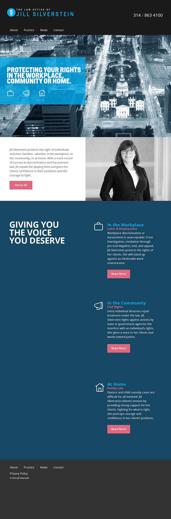Screenshot of the full homepage of Jill Silverstein's mobile responsive and modern legal website homepage.