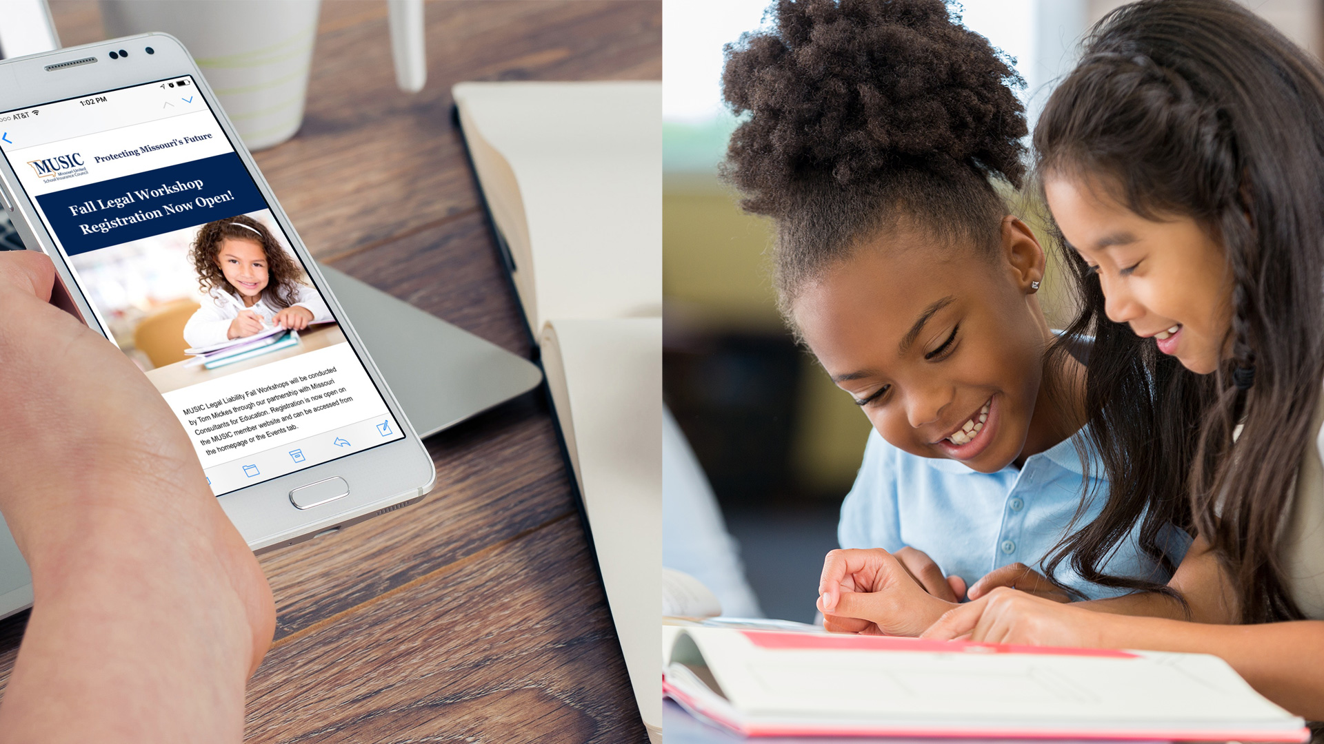 The new responsive website design for the MUSIC site works well on both desktop and mobile. Large images are featured throughout the site, including images that show the diversity of Missouri schools. Here, two young girls work on homework together.