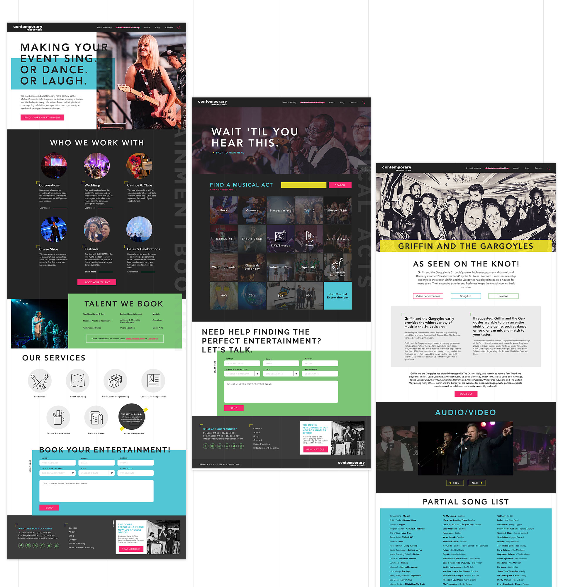 Each page on the site features a unique template that nods to entertainment publications.