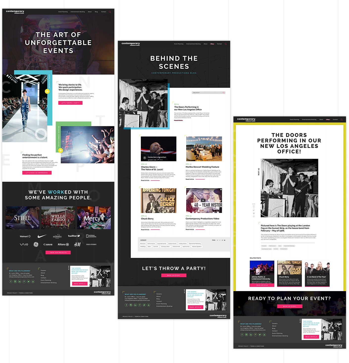 Each page on the Contemporary Productions website features a unique template that nods to the layout of entertainment publications.
