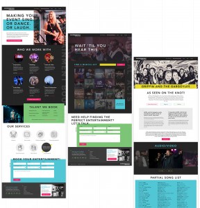 For this entertainment booking website design, we took inspiration from large entertainment and rock-and-roll publications. The resulting design features bold accent colors, prominent headlines, and imagery that shows the life of the party.