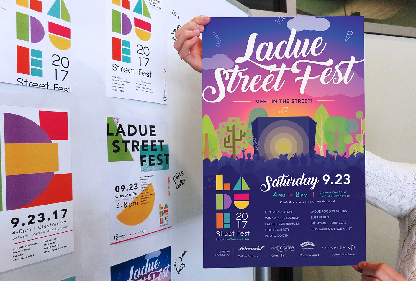 Our design process from the Ladue Street Fest poster, comparing the final product with several of the initial design concepts.