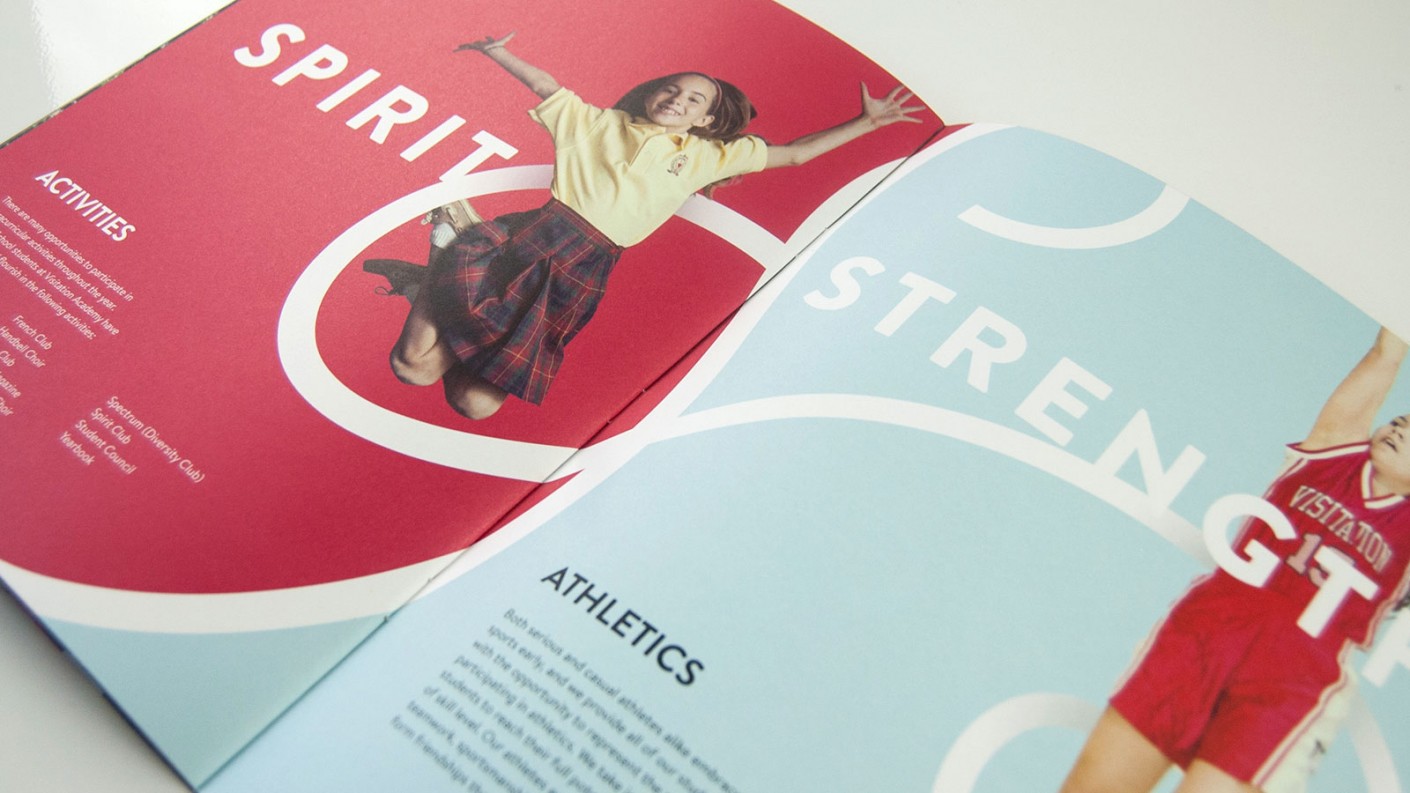 Inspiring messaging featured in the middle school viewbook design included terms like "Spirit" and "Strength."