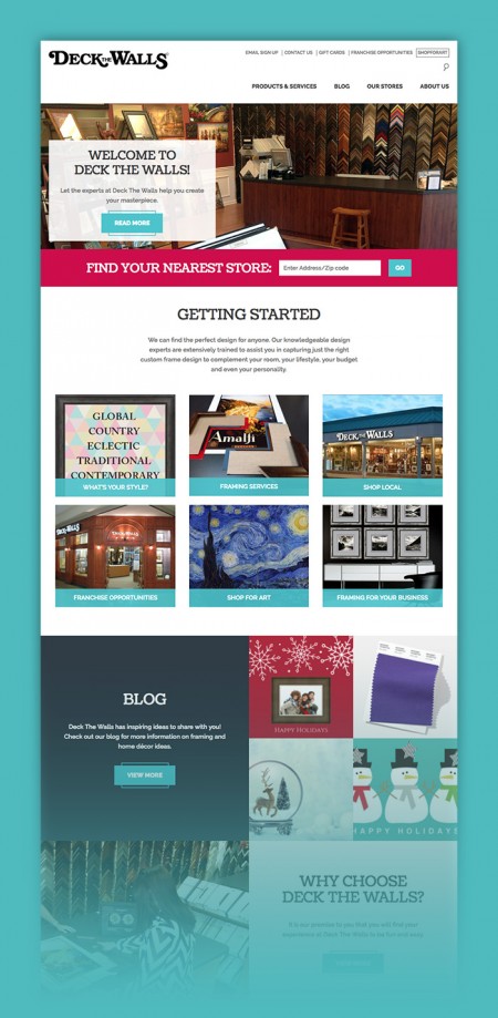 The microsite designs for The Great Frame Up, Deck the Walls, and The Framing & Art Centre featured distinct brand colors in each template and unique customizable content areas, where the personality of each franchise location can shine through.