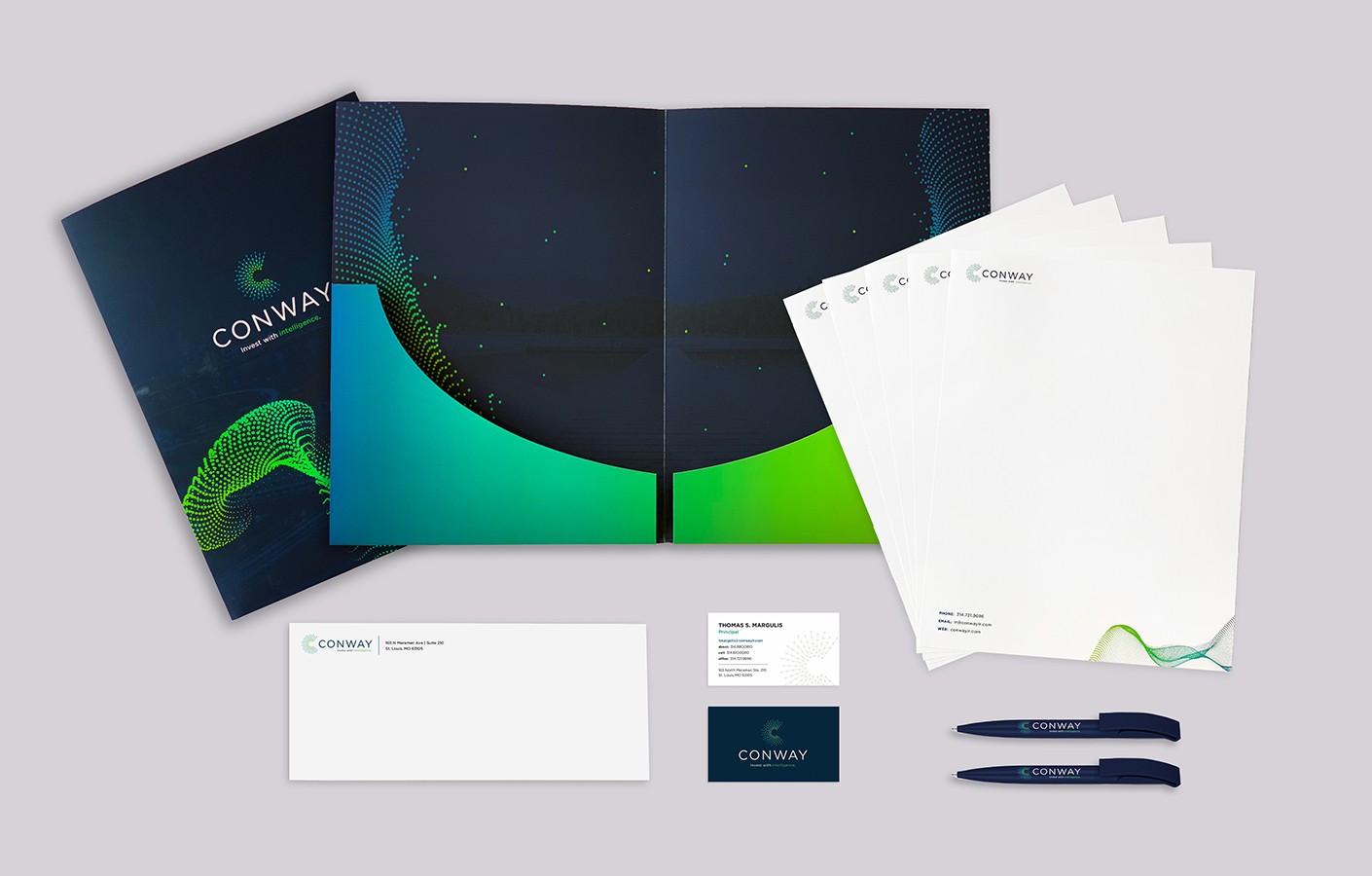 conway collateral system, documents, pens, business cards