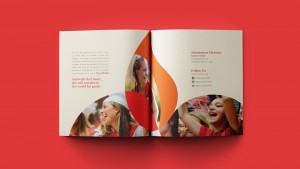Interior shot of the Cor Jesu viewbook. The book features calls to action, leading readers to learn more on the All Heart microsite.
