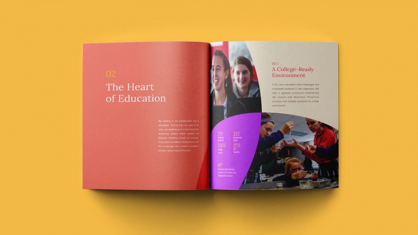 Interior shot of the Cor Jesu viewbook. The Hear of Education.