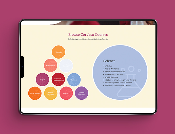 The Cor Jesu microsite features interactive graphics that keep users engaged while allowing them to learn and explore.