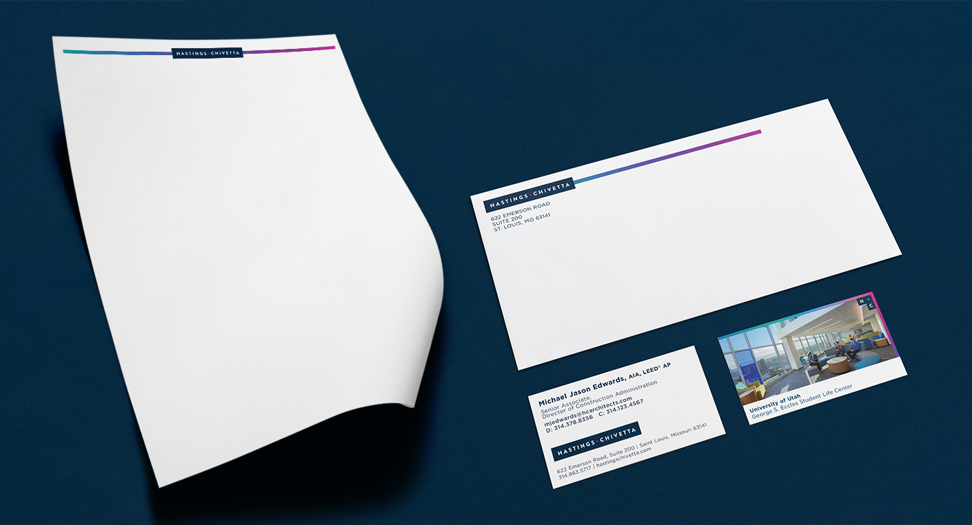 A new set of brand collateral, featuring letterhead, buisness cards, and envelopes, bring in the heat map gradients, while boasting a clean layout.