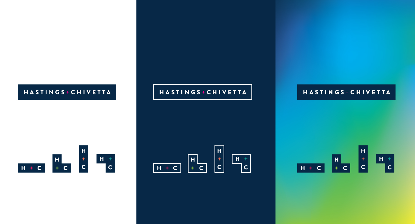 Hastings+Chivetta's new brand identity system includes variants of their logo that act as building blocks.