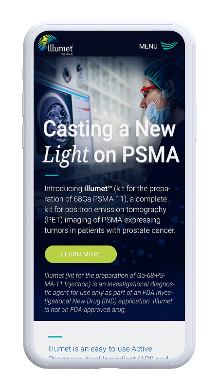 A mobile view of the new, responsive web design for illumet (Telix Pharmaceuticals).