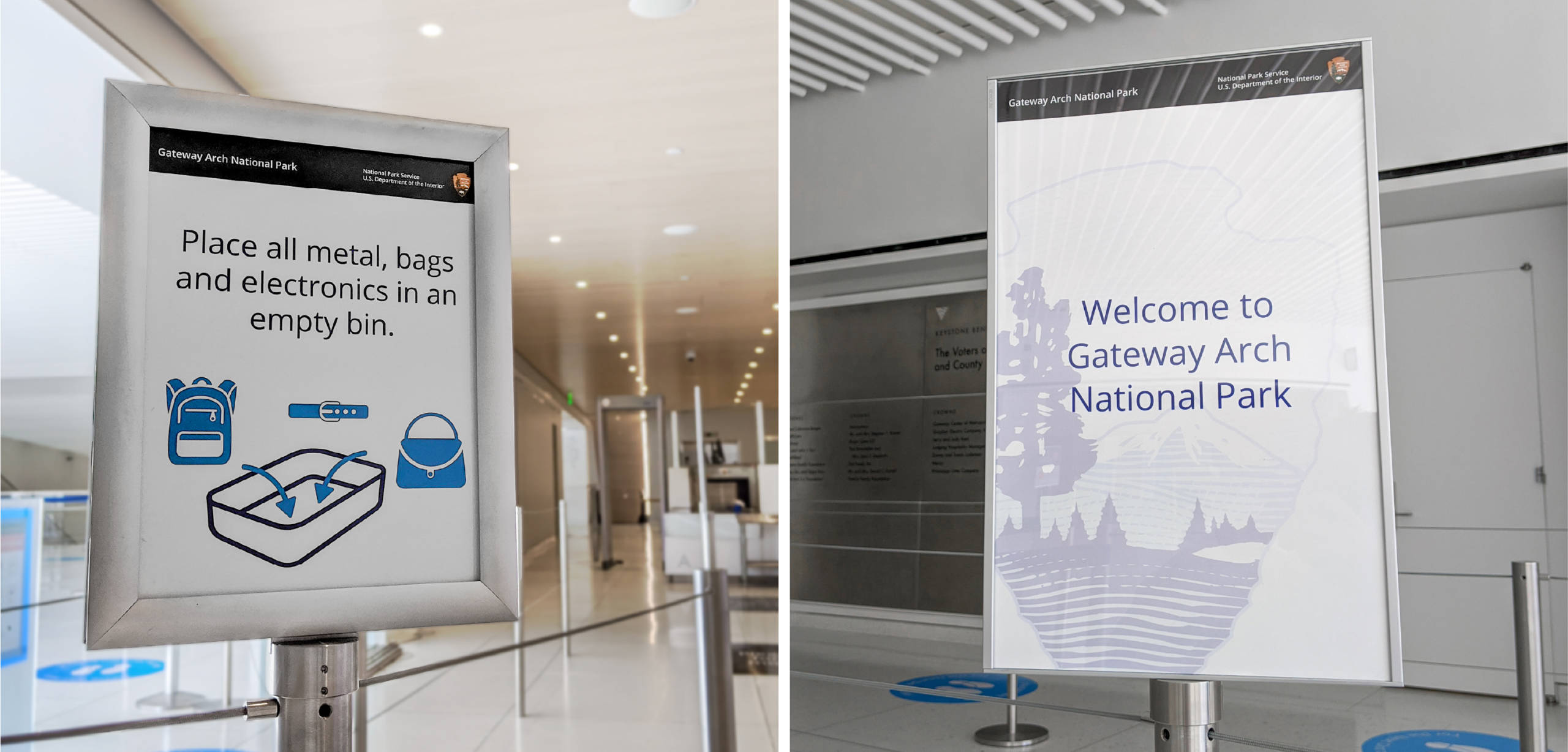 Signage within the Security Checkpoint at the Gateway Arch to help with wayfinding.