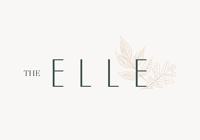 a dark green modern elegant logo with "the" in all caps serif and "elle" in all caps sans serif sitting in front of 2 gold leaf illustrations on the right side of the wordmark