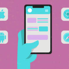 hand holding smart phone with apple, droid, chrome and safari icons battling