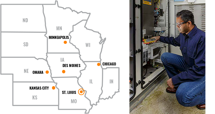 map of locations served in midwest and man checking batteries