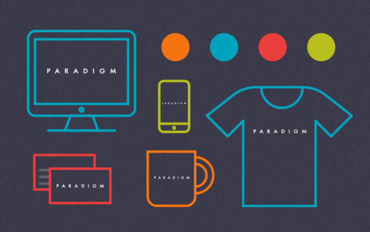 A visual representation of Paradigm's brand identity on screens, clothing, and promotional materials.