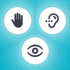 an icon of a hand, an ear and an eye in three white circles on a blue background