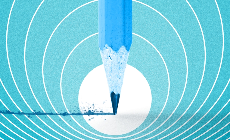 a pencil drawing a line across a page on a blue background