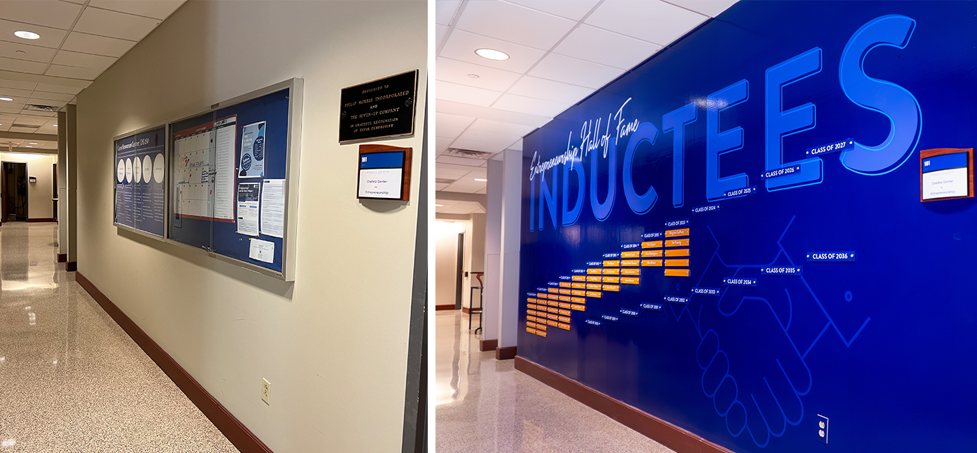 Wall displaying inductees names in the Entrepreneurship Hall of Fame