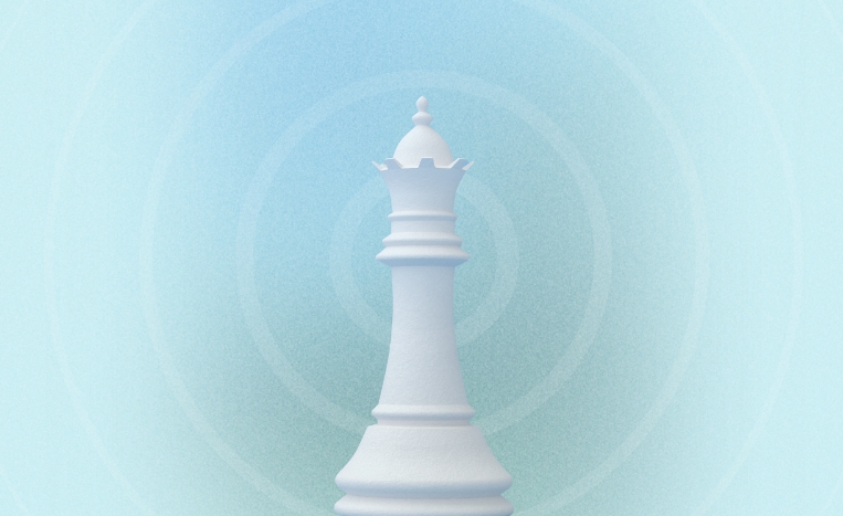 blue background with white echo lines. A white chess piece represents ongoing seo and content strategy in digital marekting