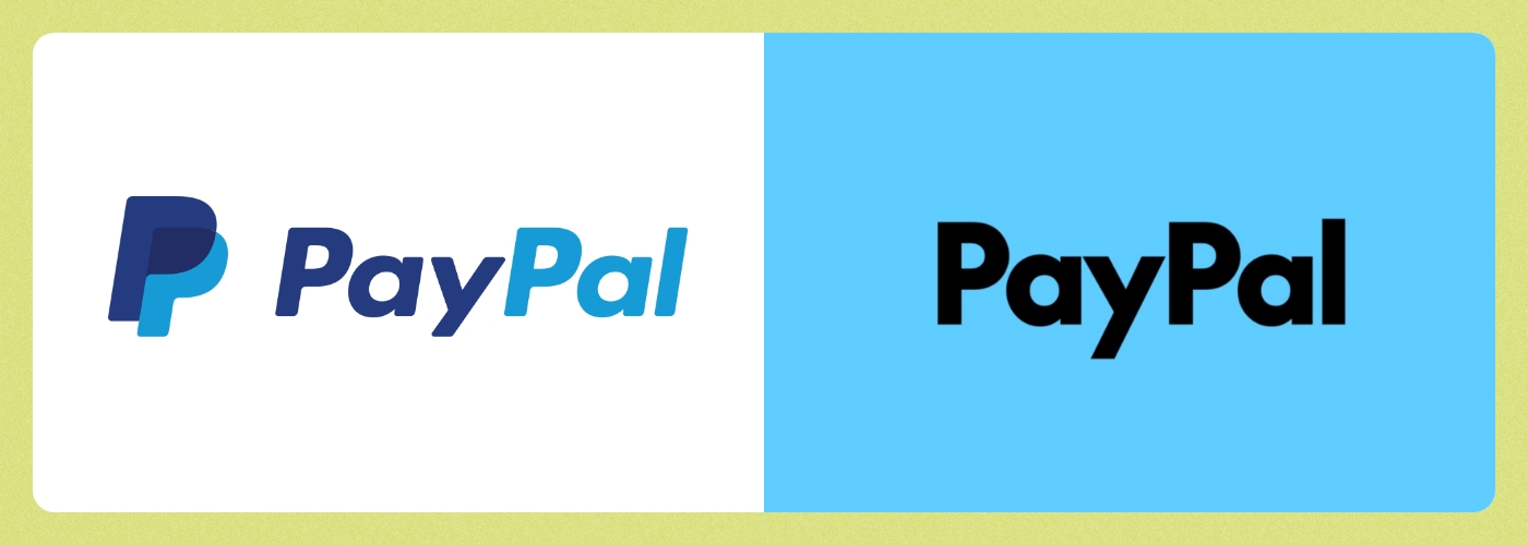 A comparison of PayPal's traditional blue logo versus its new black logo.