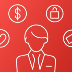 Silhouette of a businessman four icons of a heart, dollar sign, briefcase and price tag surrounding him.