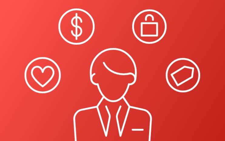 Silhouette of a businessman four icons of a heart, dollar sign, briefcase and price tag surrounding him.