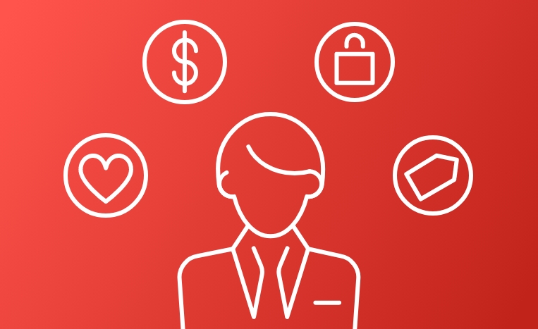 Silhouette of a businessman four icons of a heart, dollar sign, briefcase and price tag surrounding him.