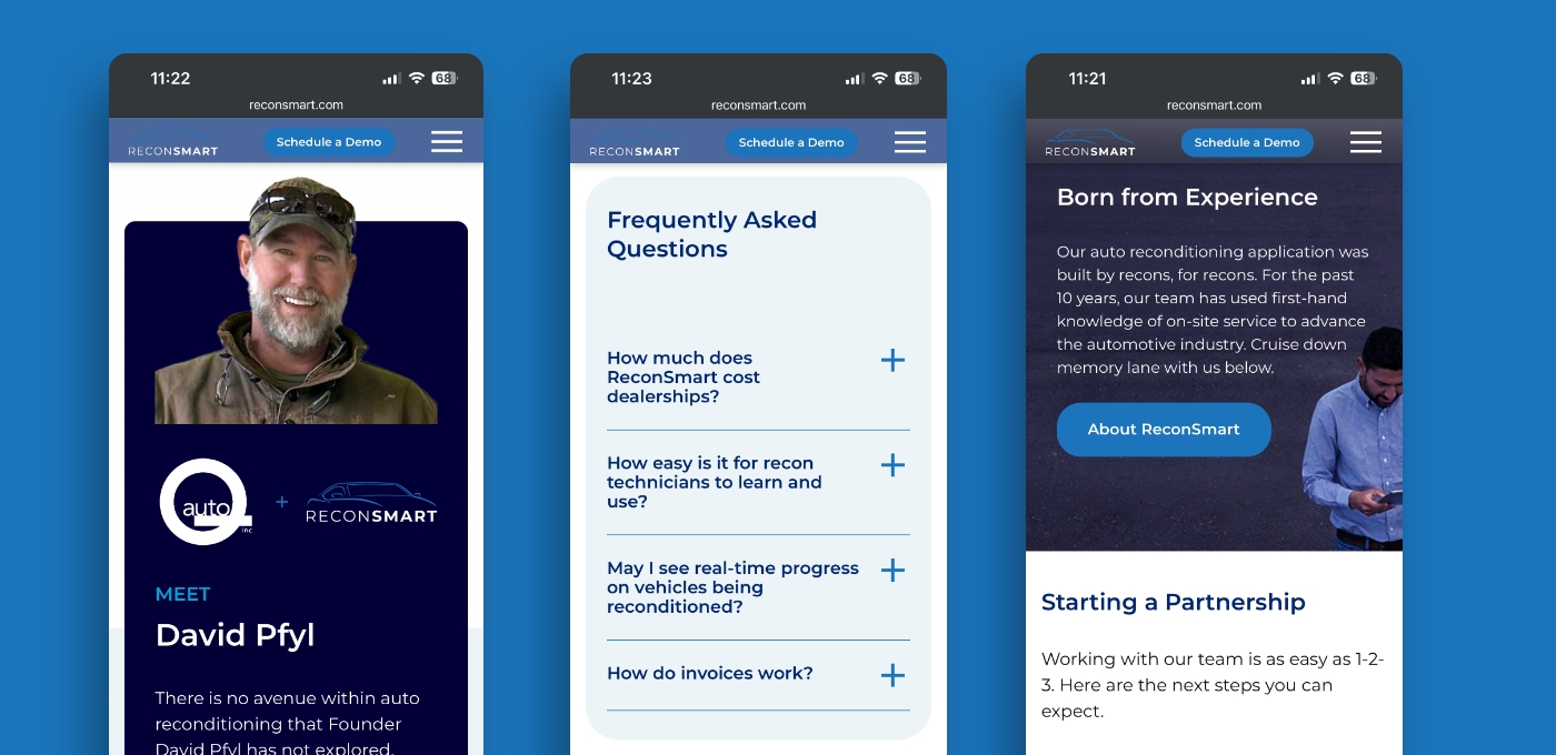 Multiple pages of ReconSmart's b2b website design. 