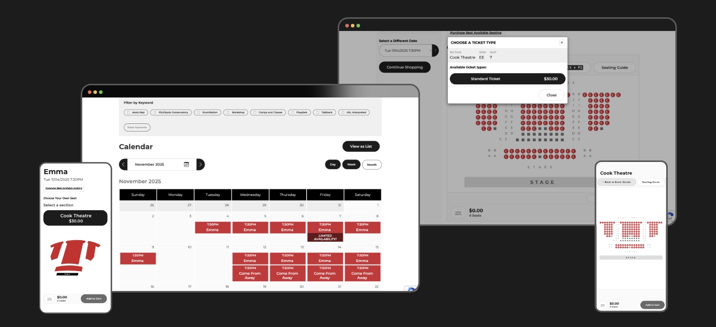 Screenshots of Asolo Rep's ticketing platform.