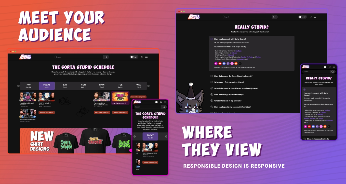 Screenshots of the Sorta Stupid website with text: "Meet Your Audience Where They View. Responsible Design is Responsive."