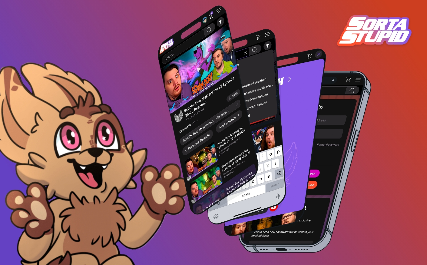 Billy character smiling at a mobile phone mockup of the new website.