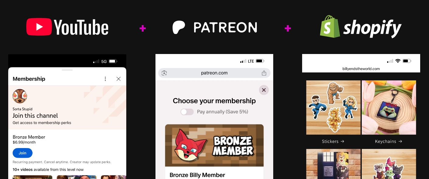 YouTube, Patreon and Shopify logos next to each other on top of screenshots of the platforms.