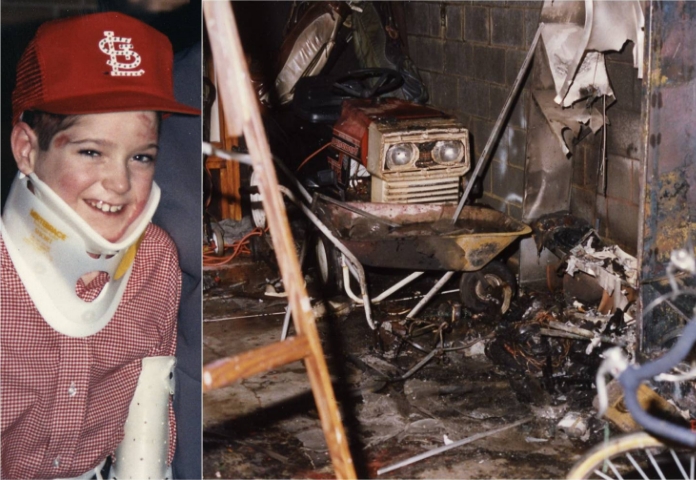 A young John next to a fire ravaged garage.