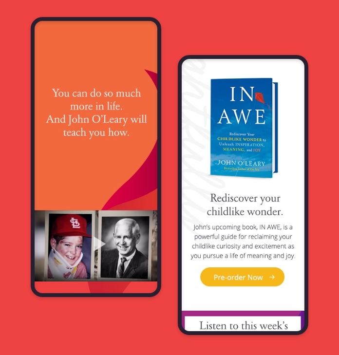 Mobile phones showing different website screenshots.