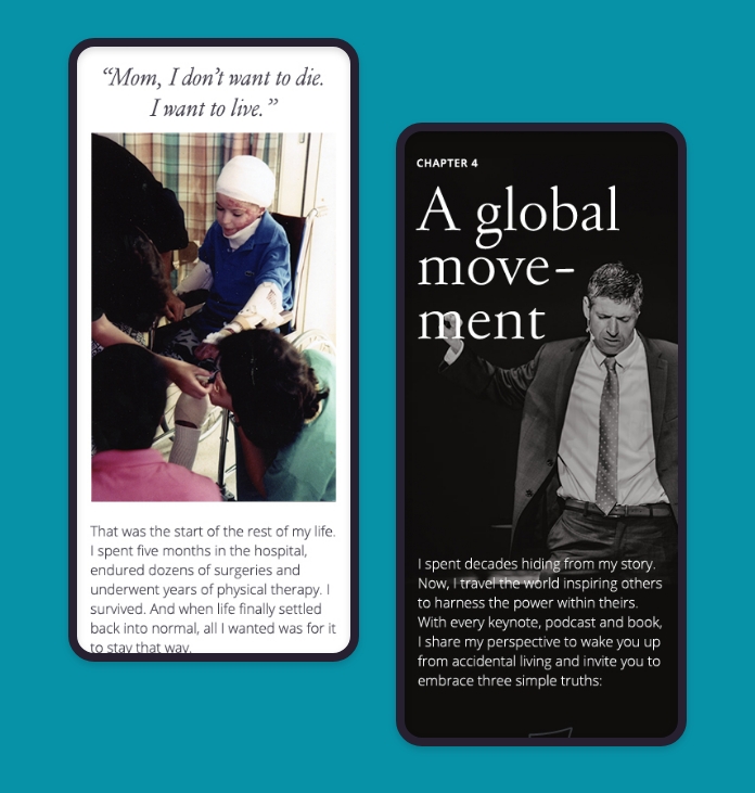 Mobile phones showing different website screenshots.
