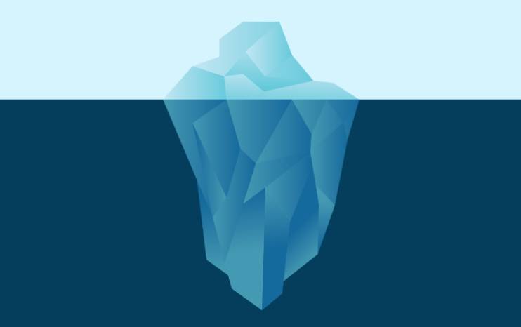 Illustration of a blue iceberg with portions above and below the water, symbolizing "dark social" in website analytics.