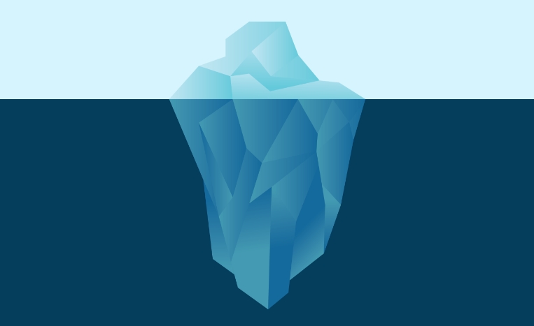 Illustration of a blue iceberg with portions above and below the water, symbolizing "dark social" in website analytics.